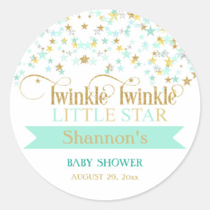 Sticker Rond Twinkle Little Star Baby Shower Vert Menthe & Or