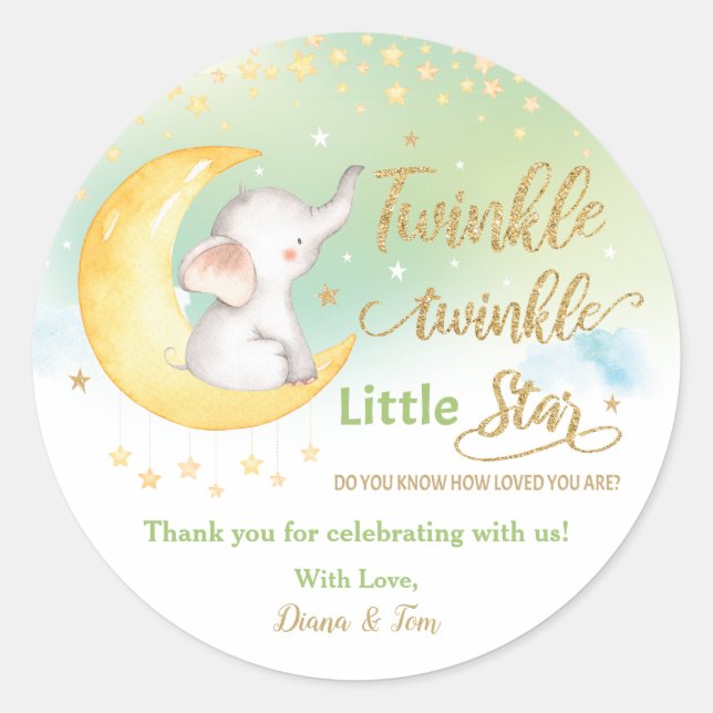 Sticker Rond Twinkle Little Star Elephant Green Favoriser Merci (Devant)