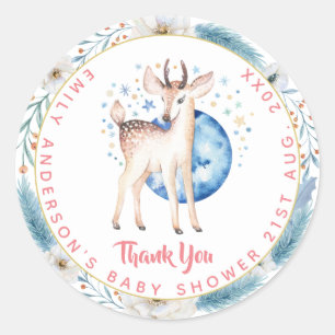 Sticker Rond Twinkle Star Woodland Deer Baby shower bleu rose