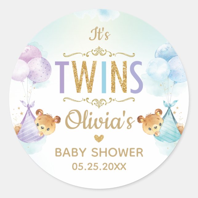 Sticker Rond Twins Baby Girl Boy Bears Balloons Baby shower (Devant)