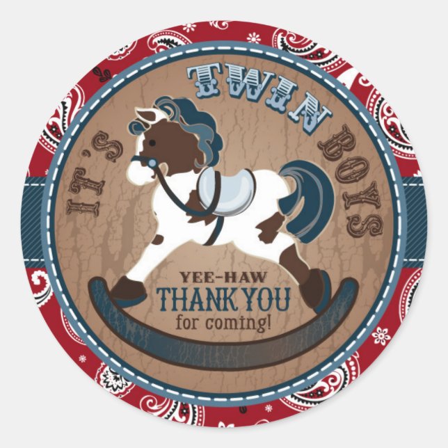 Sticker Rond Twins Cowboy Rocking Horse Baby shower occidental (Devant)