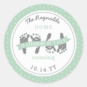 Sticker Rond Twins Faire-part Quatre Pieds bébé Vert Ruban