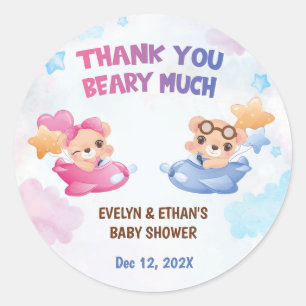 Sticker Rond Twins Girl Boy Bear Baby shower d'avion
