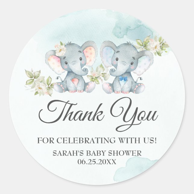 Sticker Rond Twins Girl Boy Elephant Baby shower Anniversaire F (Devant)