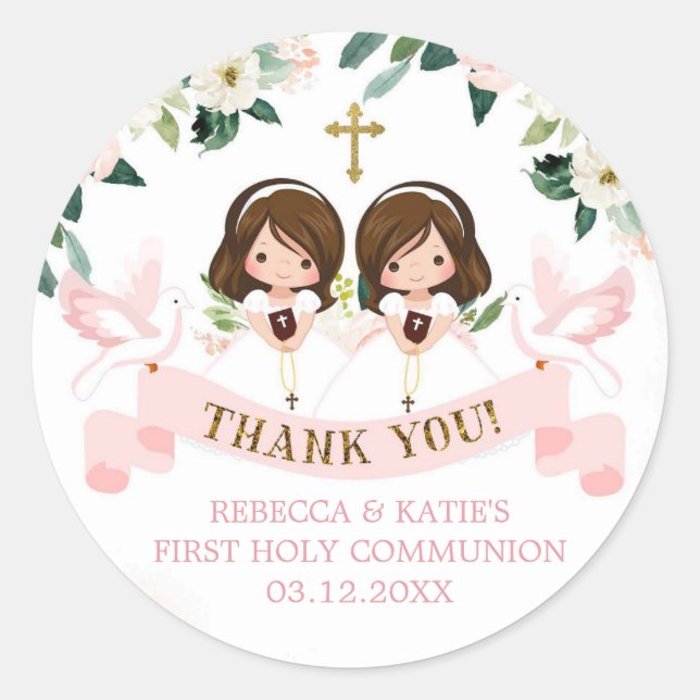 Sticker Rond Twins Girl Floral rose première communion (Devant)