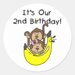 Sticker Rond Twins Monkey Boy and Girl 2e anniversaire