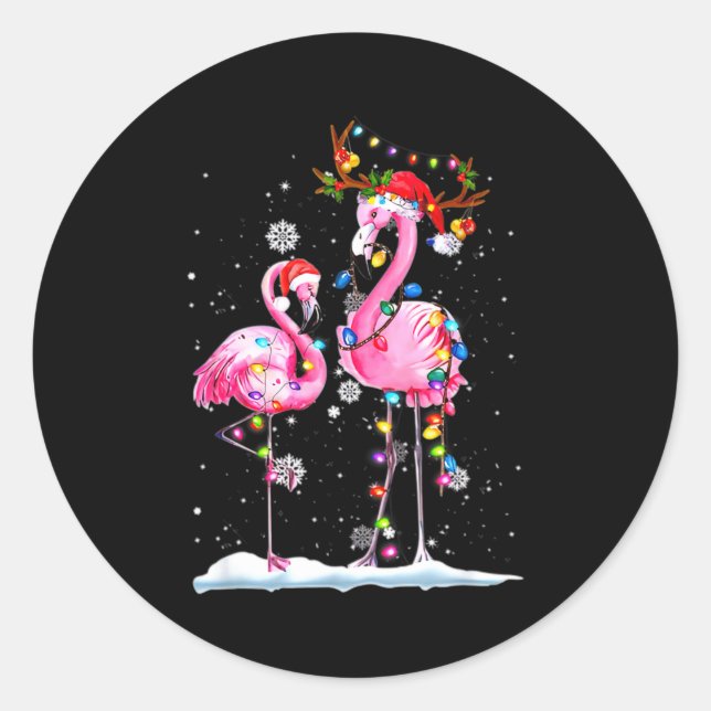Sticker Rond Two Flamingo With Santa Hat And Lights Merry Chris (Devant)