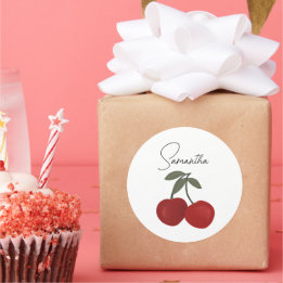 Sticker Rond Two Red Cherries Illustration | Cute Fruit Art