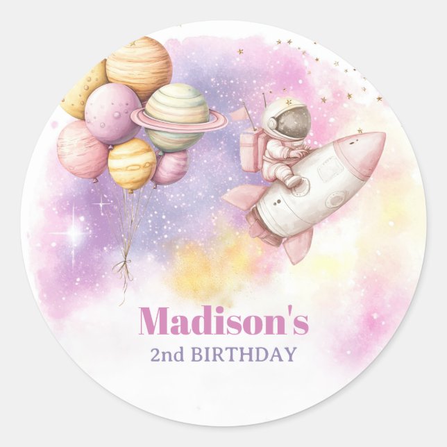 Sticker Rond Two the Moon Birthday Girl, Pastel Outerspace (Devant)