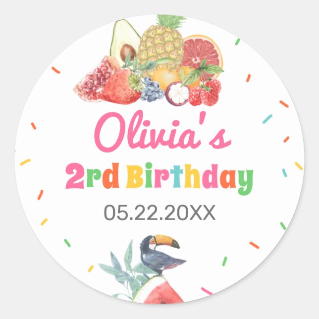 Sticker Rond Twotti Fruitti Fruits tropicaux Toucan Anniversair (Devant)