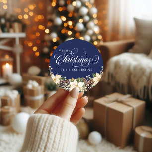 Sticker Rond Typographie blanche Noël Poinsettia bleu
