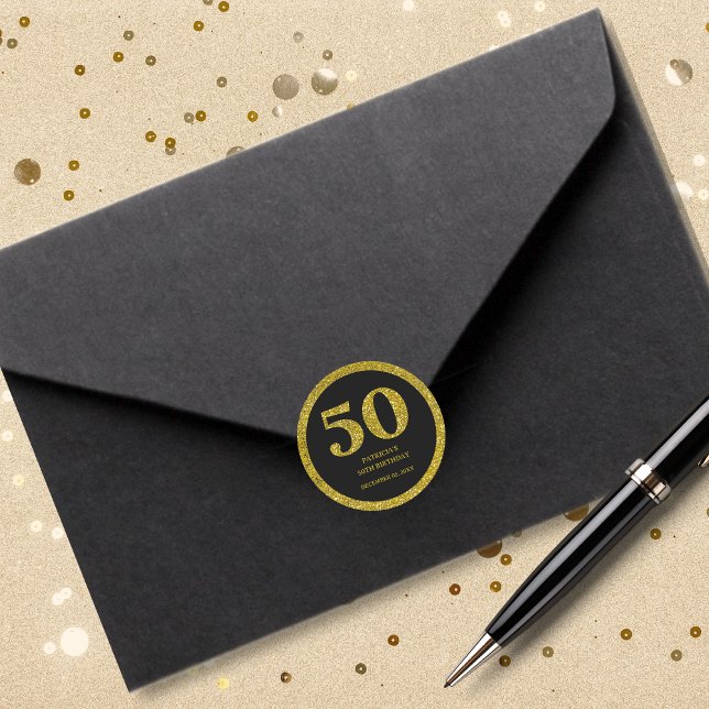 Sticker Rond Typographie de la Parties scintillant d'or noir 50 (Black Gold Glitter Typography 50th Birthday Party Stickers)