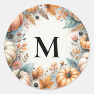 Sticker Rond Typographie de monogramme Citrouilles d'automne aq