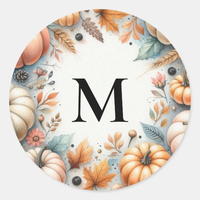 Sticker Rond Typographie de monogramme Citrouilles d'automne aq (Devant)