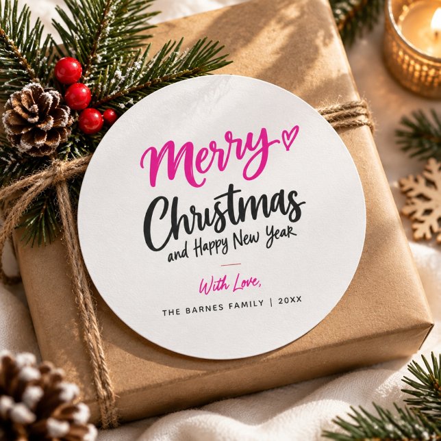 Sticker Rond Typographie de script Joyeux Noël rose noir  (Créateur téléchargé)