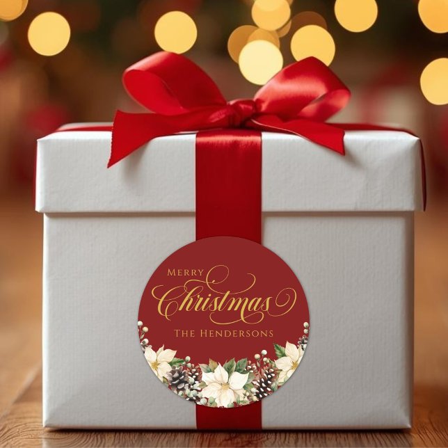 Sticker Rond Typographie d'or Noël Poinsettia rouge (Gold Typography Christmas Poinsettia red Classic Round Sticker)