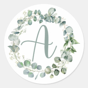 Sticker Rond Typographie du monogramme de la couronne d'eucalyp
