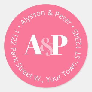 Sticker Rond Typographie Gras Adresse de Retour Rose et Blanc