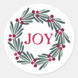 Sticker Rond Typographie "JOY" Holly Berry Wreath Red