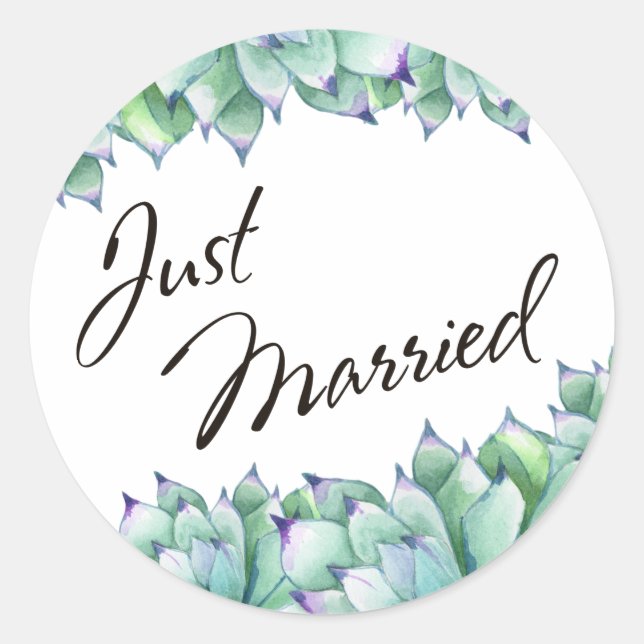 Sticker Rond Typographie « Juste Mariés » avec succulentes aqua (Devant)