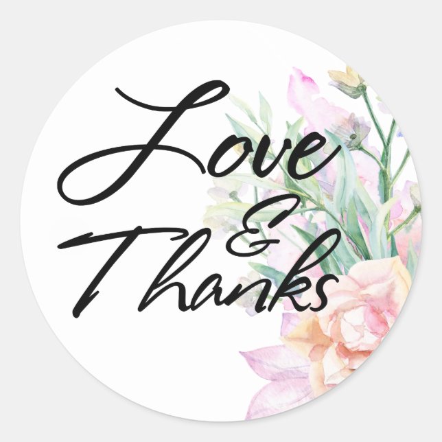 Sticker Rond Typographie Love & Thanks, Fleurs aquarelles Boho (Devant)
