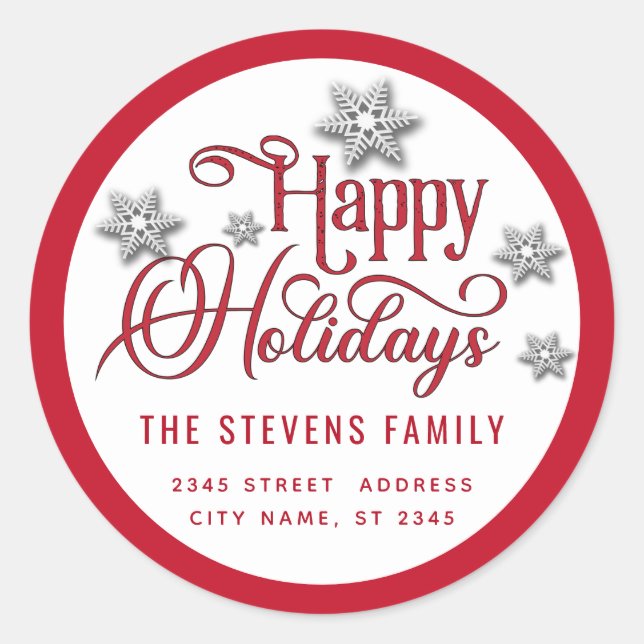 Sticker Rond Typographie moderne rouge Happy Holidays snowflake (Devant)