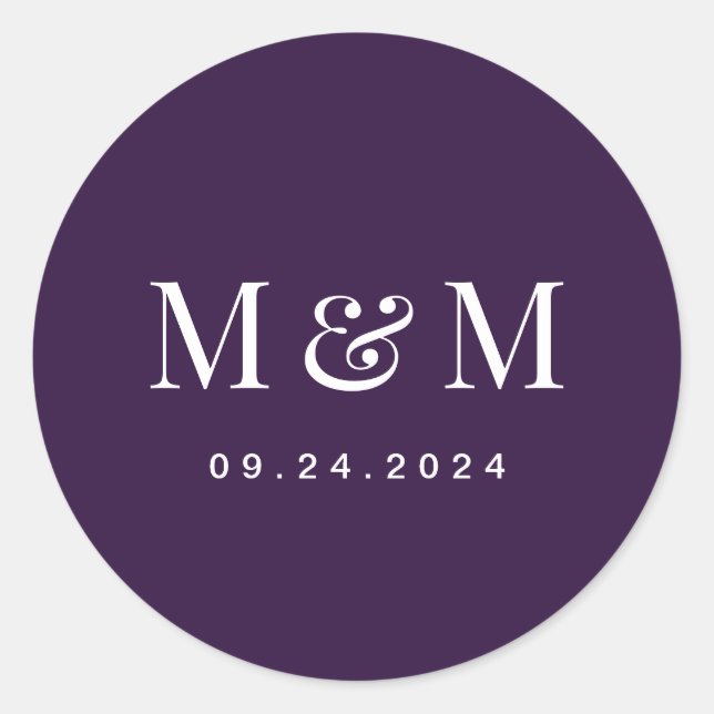 Sticker Rond Typographie Monogramme Violet Foncé Classique de M (Devant)