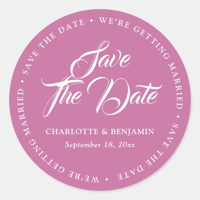 Sticker Rond Typographie rose Script Mariage Enregistrer La Dat (Devant)