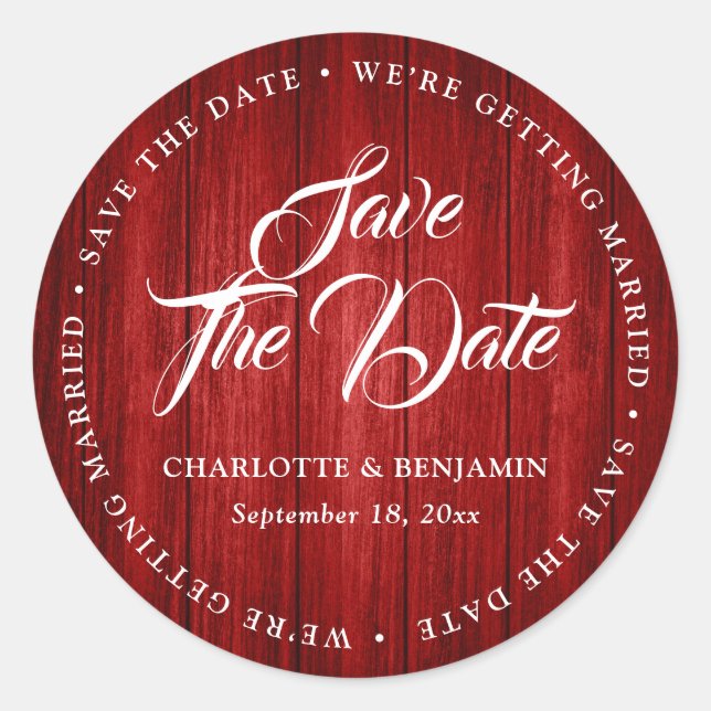 Sticker Rond Typographie Rustique Rouge Bois Mariage Enregistre (Devant)