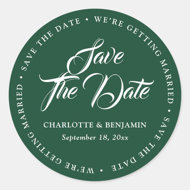 Sticker Rond Typographie Verte Script Mariage Enregistrer La Da (Devant)