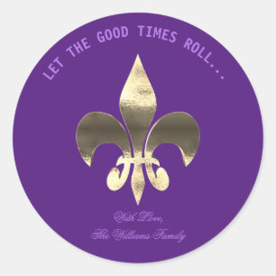 Sticker Rond Typographie violette de Fleur de Lis Mardi Gras