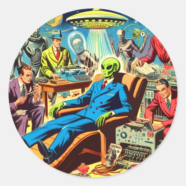 Sticker Rond Ufo Alien Sci-fi Retro Comics (Devant)