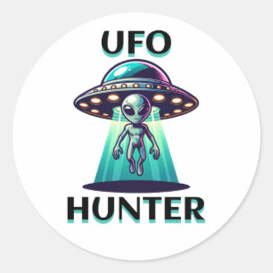 Sticker Rond UFO Hunter   Ai Art avec UFO et Alien