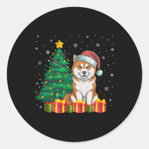 Sticker Rond Ugly Akita Inu Santa Hat Noël Lumières Chien Amour