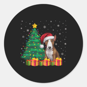 Sticker Rond Ugly Bull Terrier Santa Hat Noël Lumières Chien L