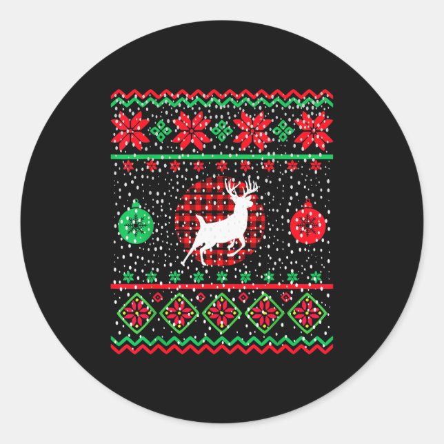 Sticker Rond Ugly Christmas Sweater Design Plaid Reindeer  (Devant)