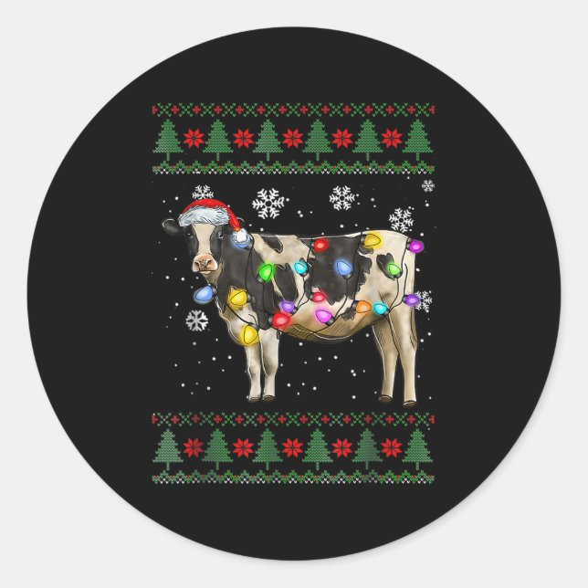 Sticker Rond Ugly Cow Christmas Sweater Santa Hat And Light Up  (Devant)