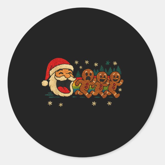 Sticker Rond Ugly Knit Santa Chasing Gingerbread Funny Holiday  (Devant)