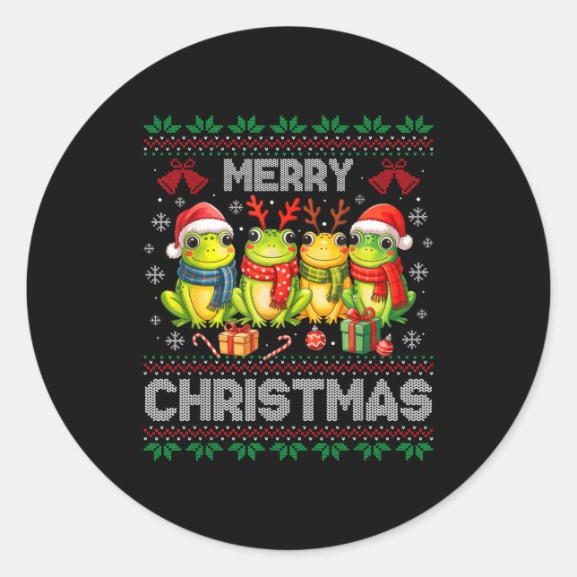 Sticker Rond Ugly Sweater Frogs Santa Hat Reindeer Xmas Frog Lo (Devant)