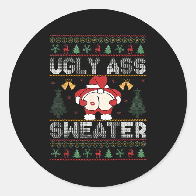 Sticker Rond Ugly Sweater Santa Merry Christmas Funny Pajamas X (Devant)