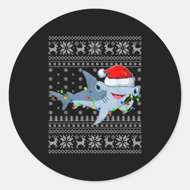 Sticker Rond Ugly Sweater Xmas Lights Santa Hammerhead Shark Ch (Devant)