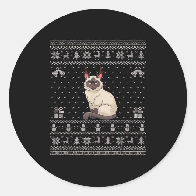 Sticker Rond Ugly Xmas Sweater Style Siamese Cat Reindeer Chris (Devant)