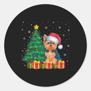 Sticker Rond Ugly Yorkie Santa Hat Amoureux des chiens des lumi