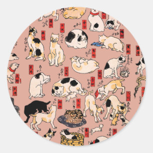 Sticker Rond Ukiyo-e Chat Japonais Vintage : Kuniyoshi