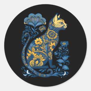 Sticker Rond Ukraine Chat Floral Vintage Ukrainien Drapeau Et V