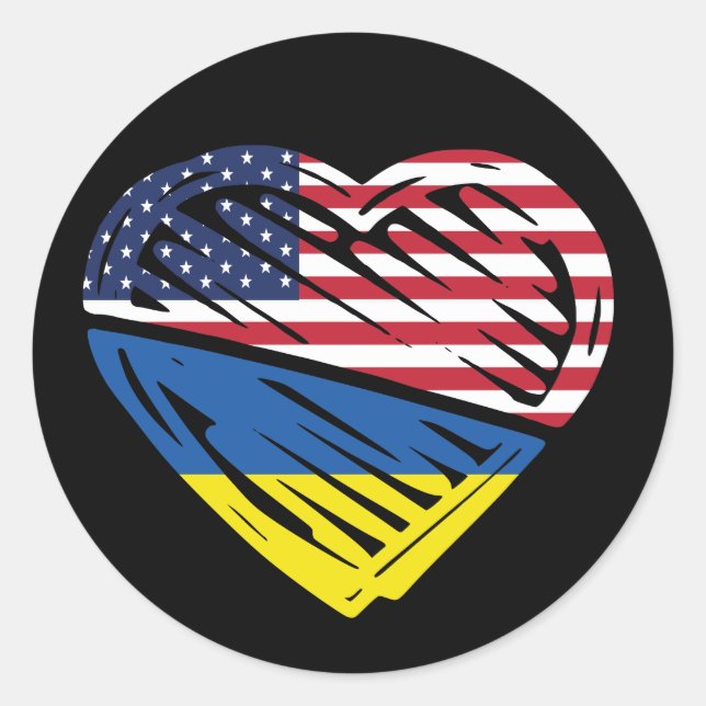 Sticker Rond Ukraine Coeur du drapeau américain Solidarité ukra (Devant)