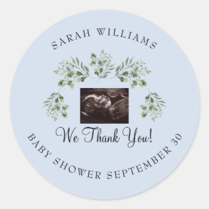Sticker Rond Ultrasound Photo Baby shower bleu Merci