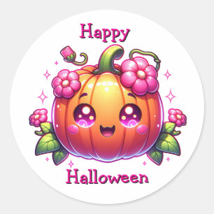 Sticker Rond Un adorable Citrouille Chibi Joyeux Halloween