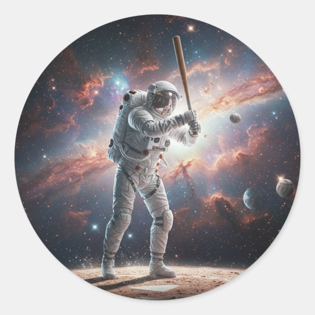 Sticker Rond Un astronaute spatial joue au baseball (Devant)