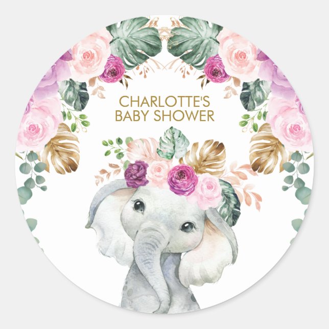 Sticker Rond Un Baby shower sauvage d'éléphants tropicaux (Devant)